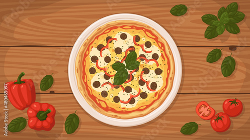 Detailed flat vector illustration of a delicious New York-style Pizza on a plate surrounded with fresh ingredients.