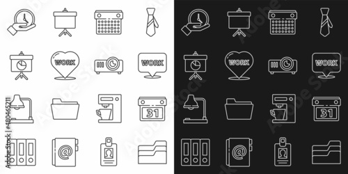 Set line Document folder, Calendar, Location with text work, Heart, Chalkboard diagram, Clock and Movie, film, media projector icon. Vector