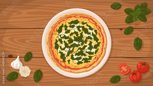 Detailed flat vector illustration of a delicious Italian style Pizza Ricotta e Spinaci on a plate surrounded with fresh ingredients.