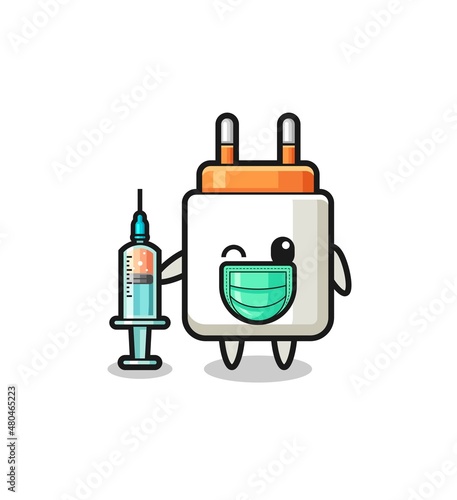 power adapter mascot as vaccinator