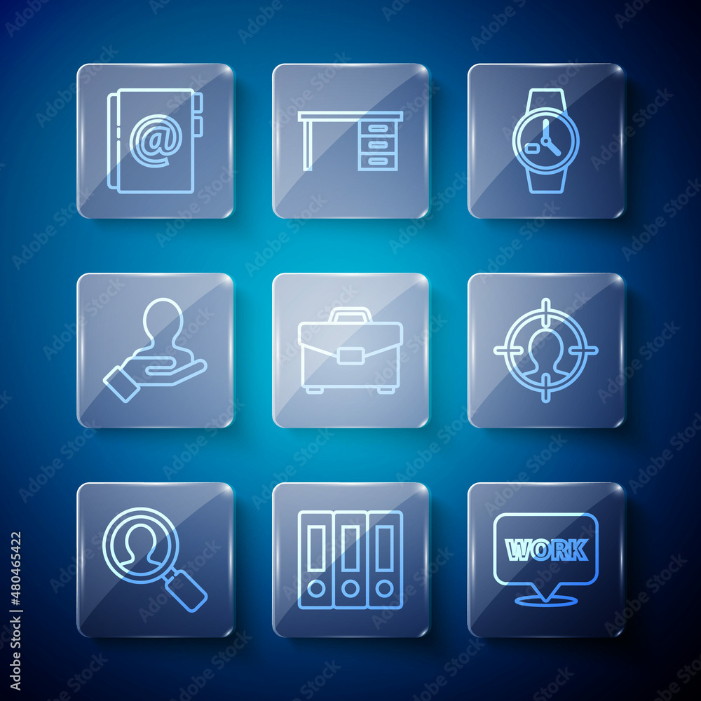 Set line Magnifying glass for search people, Office folders, Location with text work, Wrist watch, Briefcase, Hand, Address book and Head hunting concept icon. Vector Set line Magnifying glass for search people, Office folders, Location with text work, Wrist watch, Briefcase, Hand, Address book and Head hunting concept icon. Vector