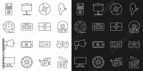 Set line Movie clapper, Comedy and tragedy masks, CD or DVD disk, VHS video cassette tape, Film reel, Remote control and Old film movie countdown frame icon. Vector