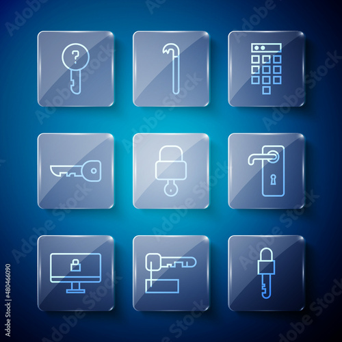 Set line Lock on computer monitor, Marked key, Locked, Password protection, and, Key, Undefined and Door handle icon. Vector