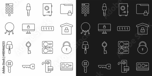 Set line Key card, Lock, House under protection, Safe, computer monitor, Bunch of keys, Password and icon. Vector