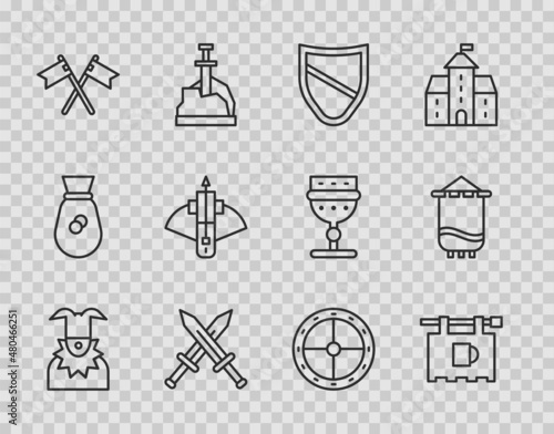 Set line Joker head, Street signboard with Bar, Shield, Crossed medieval sword, flag, Battle crossbow arrow, Round wooden shield and Medieval icon. Vector