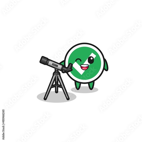 check mark astronomer mascot with a modern telescope