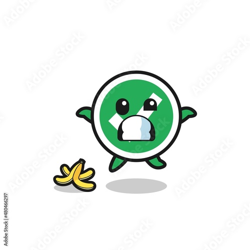 check mark cartoon is slip on a banana peel