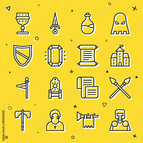 Set line Medieval knight, Crossed medieval spears, Castle, fortress, Old bottle of wine, Diamond, Shield, goblet and Decree, parchment, scroll icon. Vector