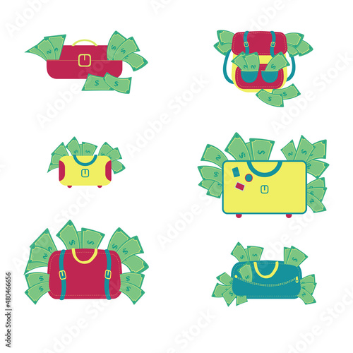 Backpacks, suitcases and handbags full of money. Money bills overflowing the luggage. White background. Isolated. 