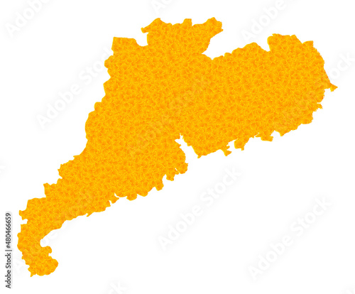 Vector Gold map of Guangdong Province. Map of Guangdong Province is isolated on a white background. Gold items pattern based on solid yellow map of Guangdong Province.