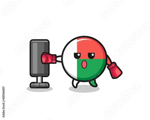madagascar flag boxer cartoon doing training with punching bag