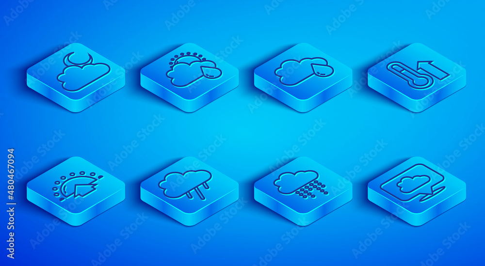 Set line Cloud with moon, rain and sun, Meteorology thermometer, Sunrise and Location cloud icon. Vector Set line Cloud with moon, rain and sun, Meteorology thermometer, Sunrise and Location cloud icon. Vector