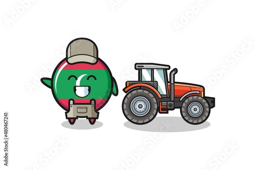 the maldives flag farmer mascot standing beside a tractor