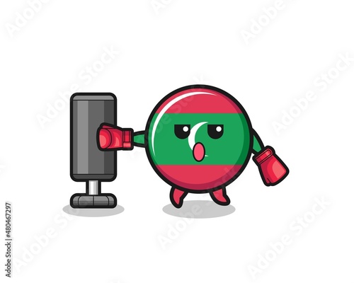 maldives flag boxer cartoon doing training with punching bag