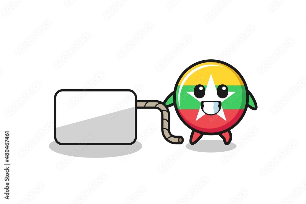 Fototapeta premium myanmar flag cartoon is pulling a banner