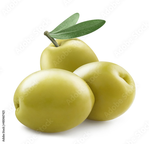 Three delicious green olives, isolated on white background