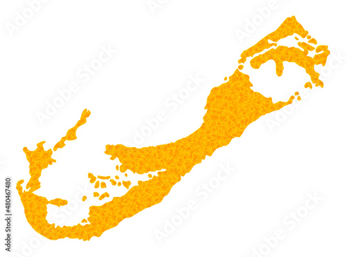 Vector Golden map of Bermuda Islands. Map of Bermuda Islands is isolated on a white background. Golden particles mosaic based on solid yellow map of Bermuda Islands.
