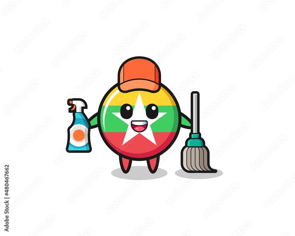 cute myanmar flag character as cleaning services mascot
