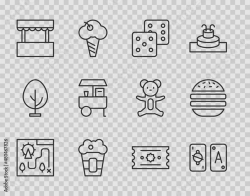 Set line Amusement park map, Tarot cards, Game dice, Popcorn in box, Ticket office, Fast street food cart, and Burger icon. Vector