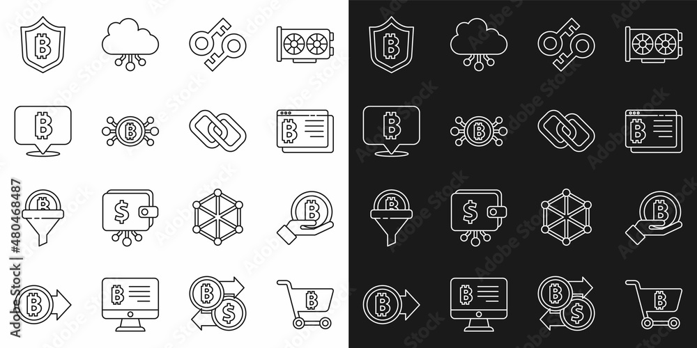 Set line Shopping cart with bitcoin, Hand holding Bitcoin, browser, Cryptocurrency key, circuit, Shield and Chain link icon. Vector
