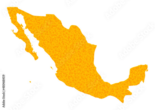 Vector Golden map of Mexico. Map of Mexico is isolated on a white background. Golden particles mosaic based on solid yellow map of Mexico.