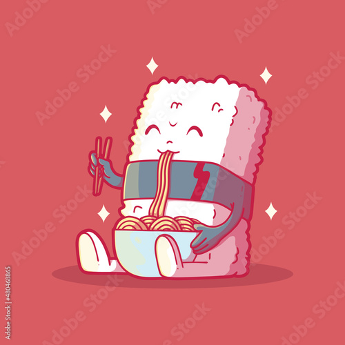 Cute Sushi character eating ramen vector illustration. Food, brand, funny design concept.