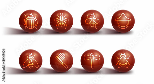 Set line Colorado beetle, Bee, Beekeeper hat, Dragonfly, Butterfly net, Mosquito, Beetle bug and Insect icon. Vector