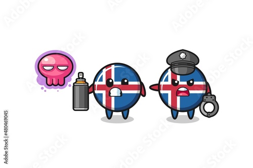 iceland flag cartoon doing vandalism and caught by the police