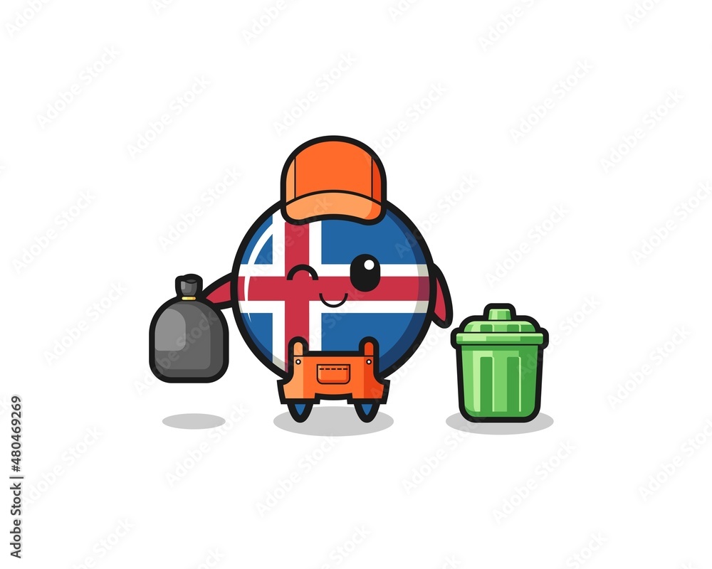 the mascot of cute iceland flag as garbage collector