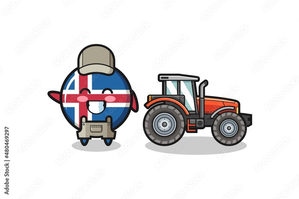 the iceland flag farmer mascot standing beside a tractor