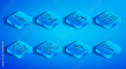 Set line Dagger, Medieval goblet, Picture and rope barrier, Crossed human bones, Gives lecture, Information, Museum audio guide and Paint brush icon. Vector
