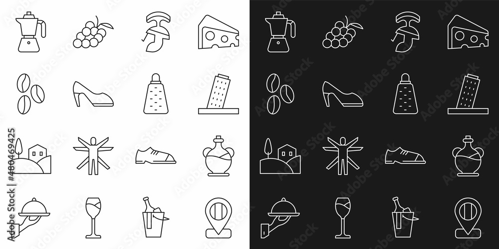 Set line Location flag Italy, Bottle of olive oil, Tower in Pisa, Roman army helmet, Woman shoe, Coffee beans, moca pot and Grater icon. Vector
