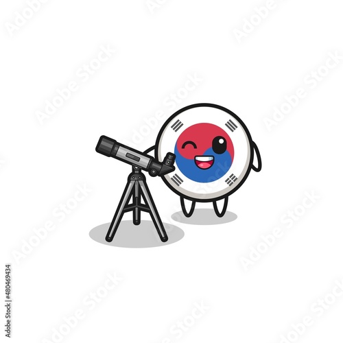 south korea flag astronomer mascot with a modern telescope