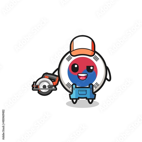 the woodworker south korea flag mascot holding a circular saw © heriyusuf