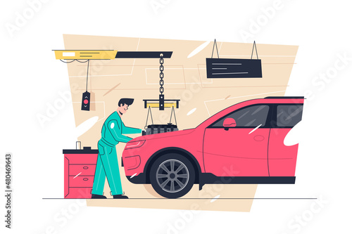 Car workshop mechanic check vehicles motor