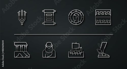 Set line Neptune Trident, Parthenon, Ancient Greek pattern, trireme, Socrates, Decree, parchment, scroll, Hermes sandal and coin icon. Vector