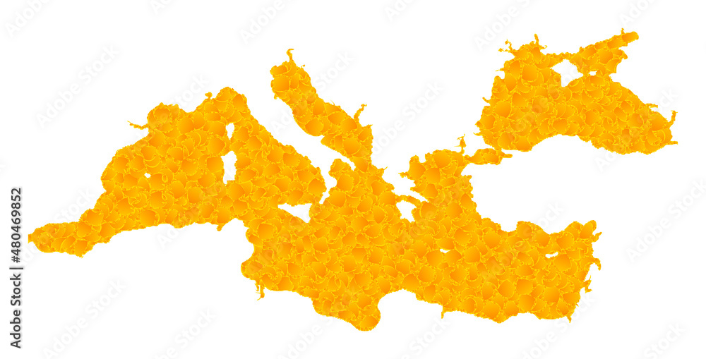 Vector Golden map of Mediterranean Sea. Map of Mediterranean Sea is isolated on a white background. Golden particles mosaic based on solid yellow map of Mediterranean Sea.