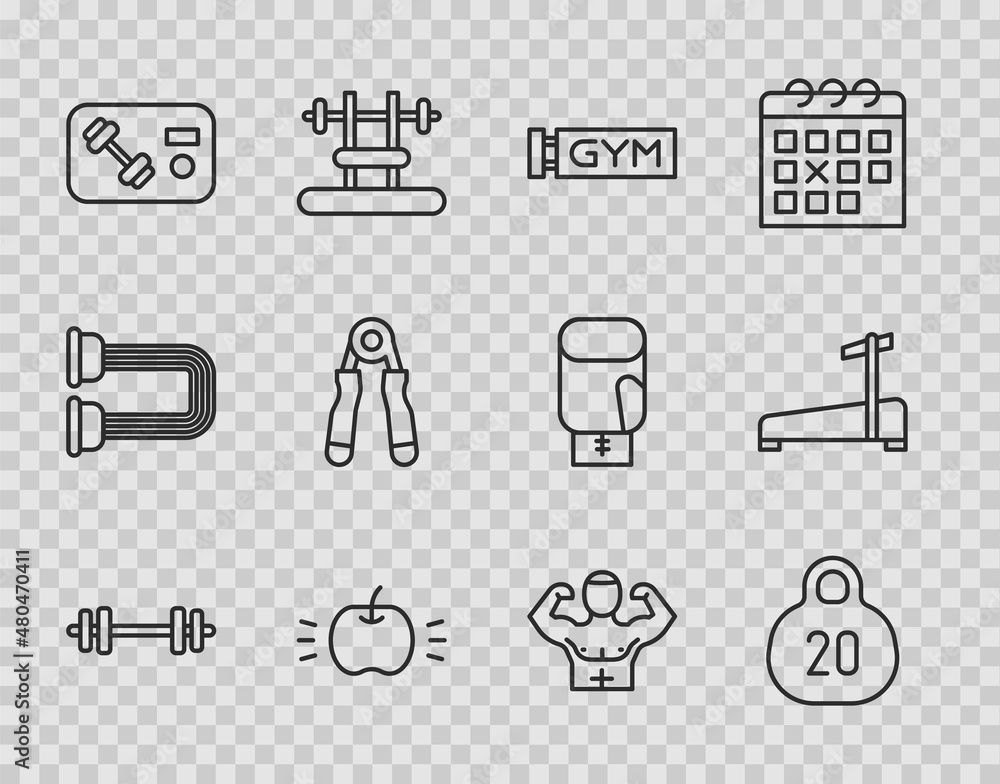 Set line Barbell, Kettlebell, Location gym, Apple, Fitness club, card, Sport expander, Bodybuilder muscle and Treadmill machine icon. Vector Set line Barbell, Kettlebell, Location gym, Apple, Fitness club, card, Sport expander, Bodybuilder muscle and Treadmill machine icon. Vector