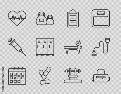 Set line Calendar fitness, Sport bag, training program, Vitamin pill, Heart rate, Locker changing room, Bench with barbel and Chest expander icon. Vector