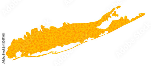 Vector Gold map of Long Island. Map of Long Island is isolated on a white background. Gold items mosaic based on solid yellow map of Long Island.