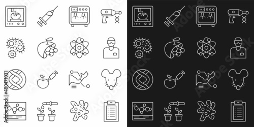 Set line Clinical record, Experimental mouse, Laboratory assistant, Biosafety box, Biological structure, Virus, 3D printing technology and Atom icon. Vector