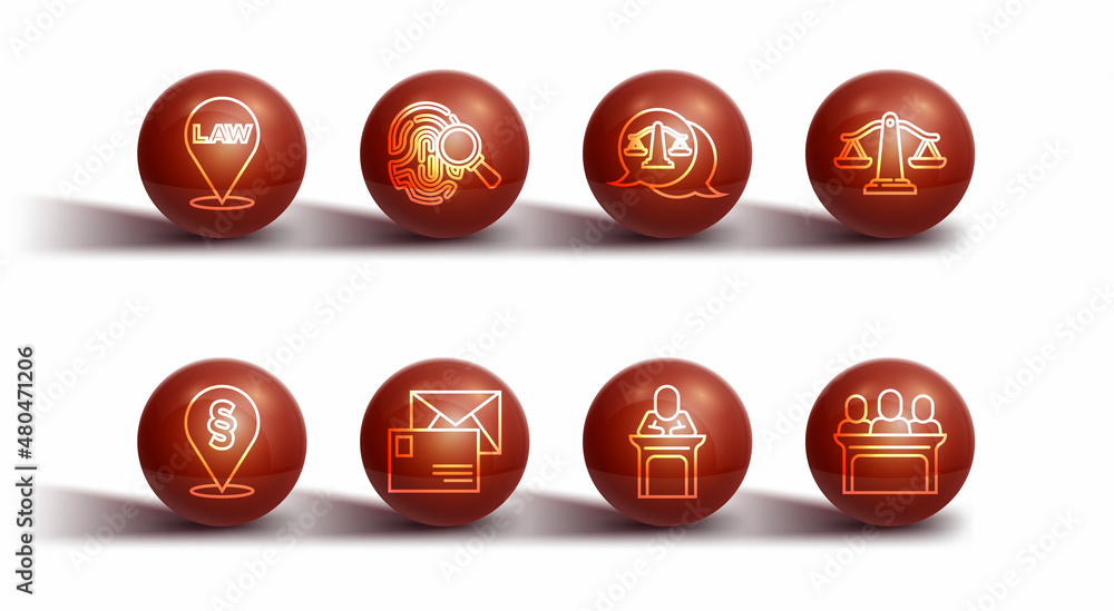 Set line Location law, Scales of justice, Judge, Envelope, Fingerprint, Jurors and icon. Vector Set line Location law, Scales of justice, Judge, Envelope, Fingerprint, Jurors and icon. Vector