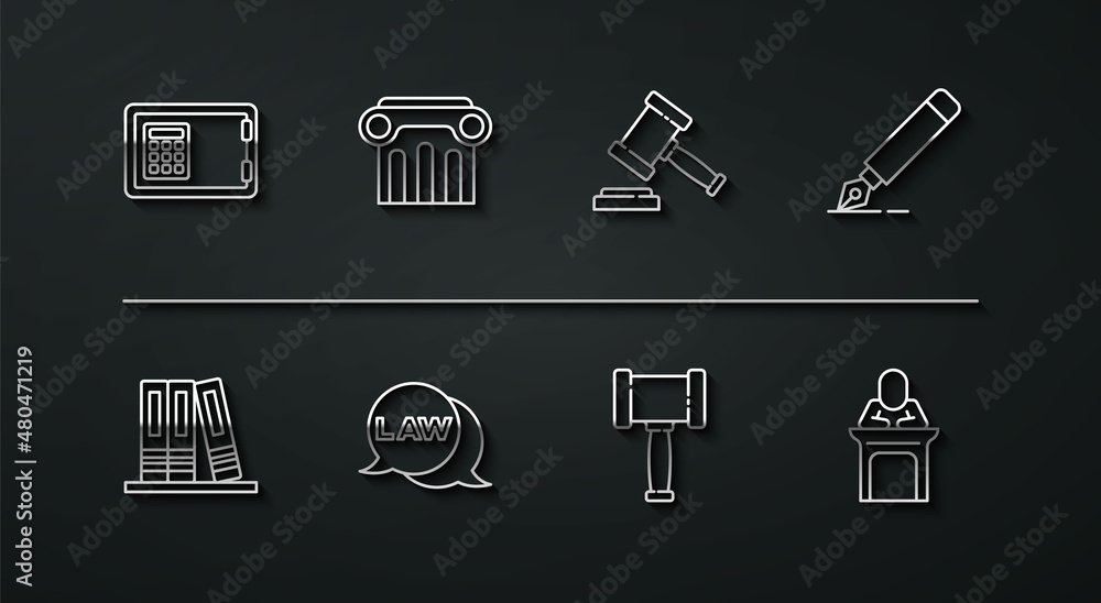 Set line Safe, Office folders, Fountain pen nib, Judge gavel, Law, pillar, and icon. Vector Set line Safe, Office folders, Fountain pen nib, Judge gavel, Law, pillar, and icon. Vector