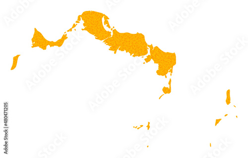 Vector Gold map of Turks and Caicos Islands. Map of Turks and Caicos Islands is isolated on a white background. Gold particles pattern based on solid yellow map of Turks and Caicos Islands.