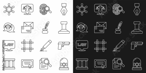 Set line Flasher siren, Pistol or gun, Stamp, Fingerprint, Envelope, Scales of justice, Hexagram sheriff and Feather and inkwell icon. Vector