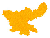 Vector Golden map of Jharkhand State. Map of Jharkhand State is isolated on a white background. Golden particles pattern based on solid yellow map of Jharkhand State.