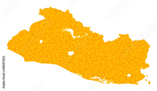Vector Gold map of El Salvador. Map of El Salvador is isolated on a white background. Gold items mosaic based on solid yellow map of El Salvador.