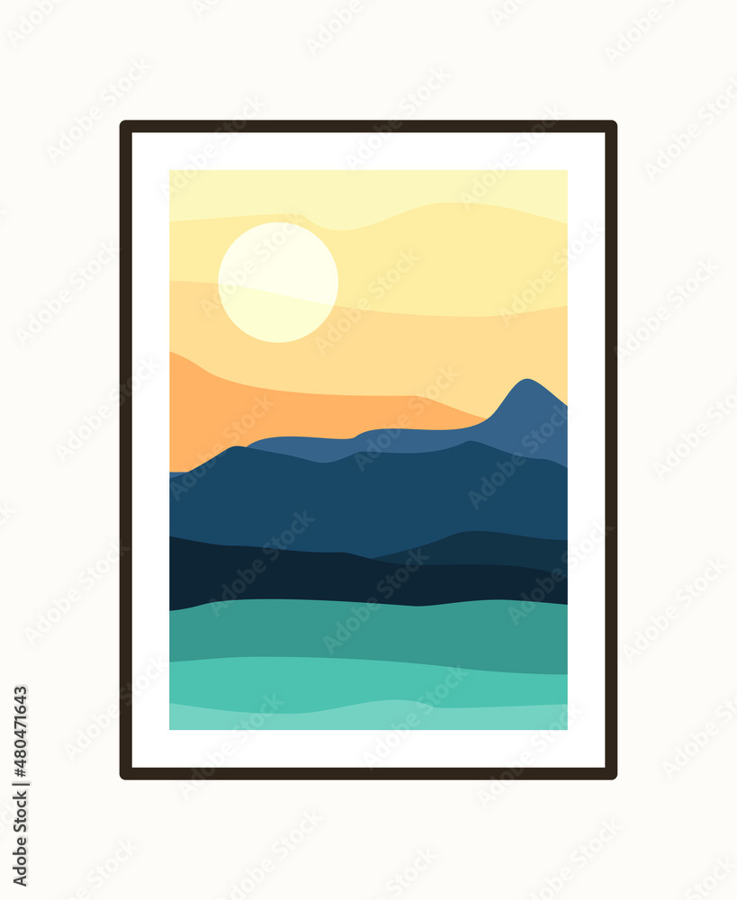 Wall art creative design. Set of minimalist hand painted illustrations of Mid century modern. Natural abstract landscape background. Mountain, forest, sky, and sun illustration.