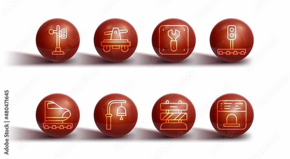 Set line Train traffic light, High-speed train, End of railway tracks, station bell, Draisine or handcar, Ticket office to buy tickets and Repair icon. Vector Set line Train traffic light, High-speed train, End of railway tracks, station bell, Draisine or handcar, Ticket office to buy tickets and Repair icon. Vector