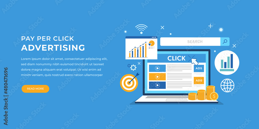 Pay per click, search marketing, paid advertising, on-line ads flat vector  banner illustration. Stock-Vektorgrafik | Adobe Stock